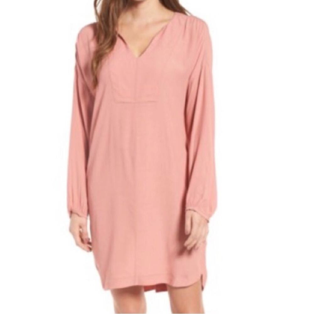 Madewell Pink Long Sleeve Shift Dress Knee Length Solid Preppy Crepe Pockets EUC